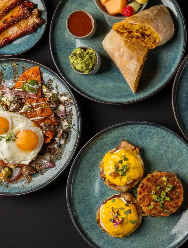 overhead view of brunch dishes at the peel